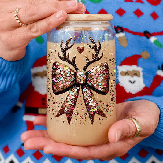 Last minute Christmas gifts glitter glass tumbler 17oz - Holiday sequin bow reindeer drinkware bamboo lid straw
Teacher Christmas gifts glitter sequin glass tumbler 17oz - Holiday reindeer bow coffee cup bamboo lid appreciation