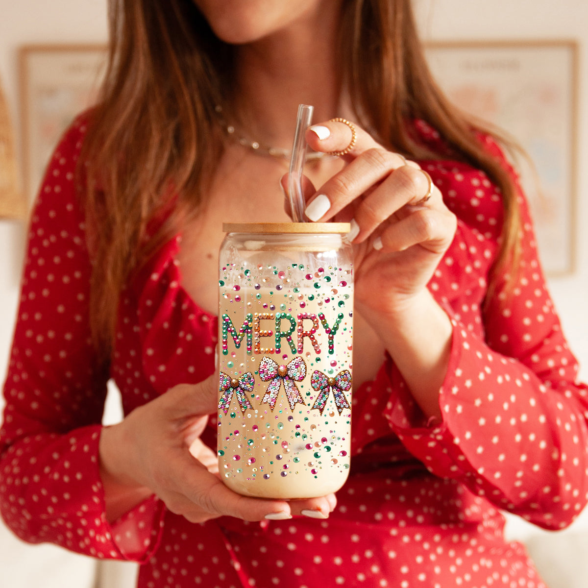 Christmas coffee gifts glass tumbler 17oz - Merry sequin glitter holiday drinkware bamboo lid - Coquette bow kitchen accessories