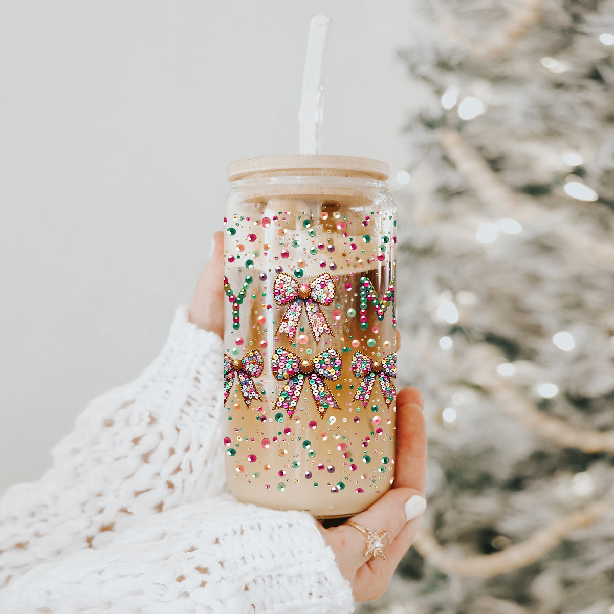 Festive holiday coffee cup – “Merry” glass drinkware with glitter designs
Christmas kitchen decor – glass tumbler with colorful sequins and bows