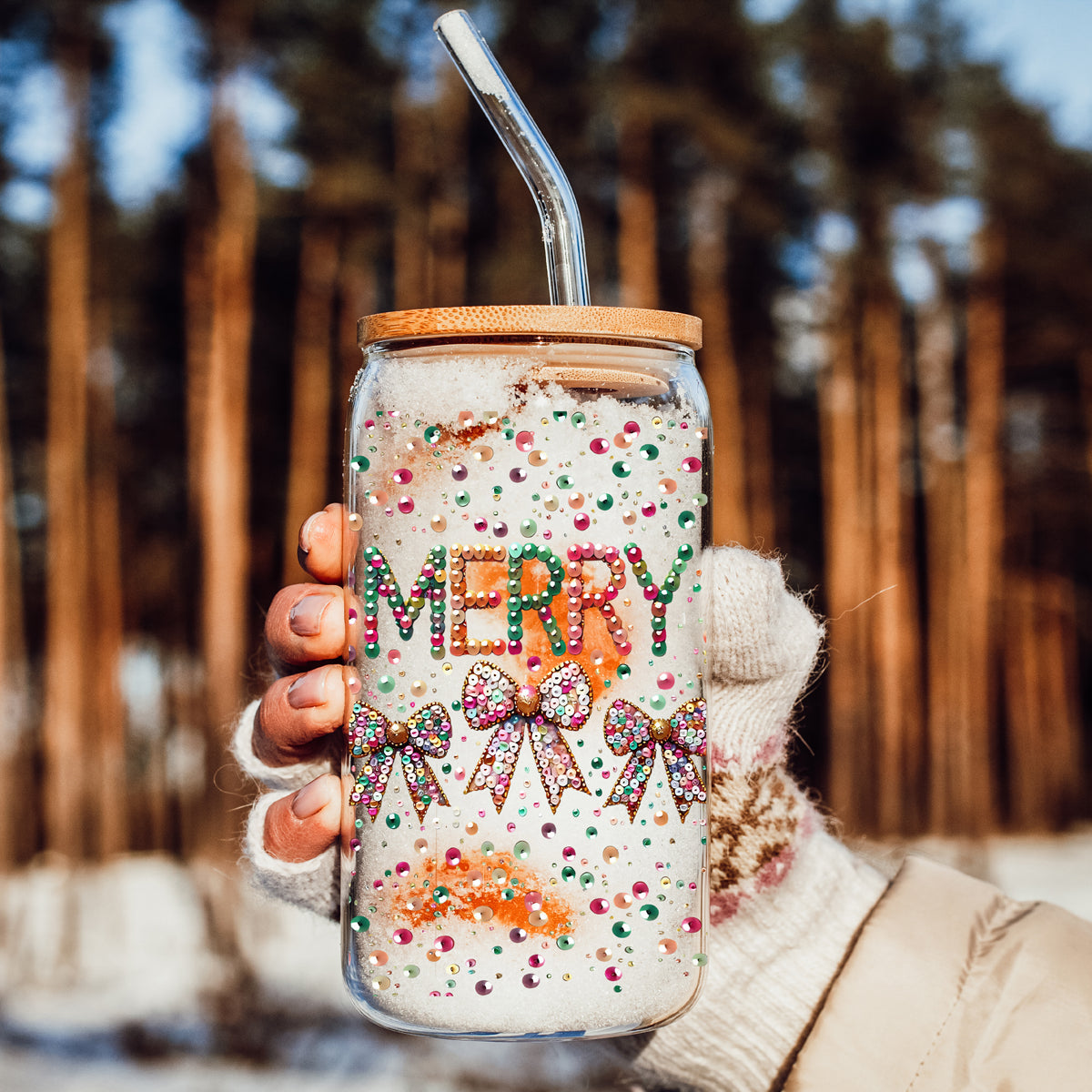 Teacher Christmas gifts Merry sequin glass cup 17oz - Holiday coquette bow coffee tumbler bamboo lid appreciation
Eco-friendly Christmas Merry glass tumbler 17oz bamboo lid - Sequin coquette bow sustainable drinkware glass straw