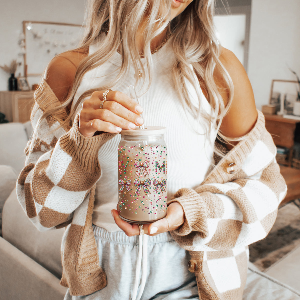 17oz holiday glass tumbler - Christmas Merry glitter coffee cup gifts - Sequin coquette bow festive drinkware bamboo lid