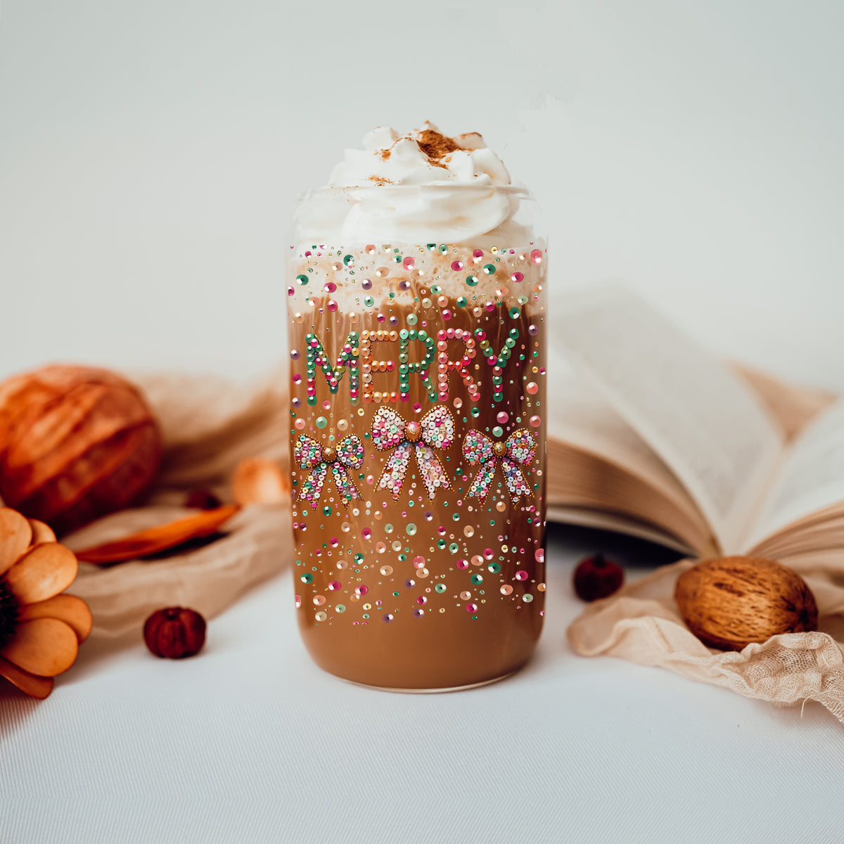 Holiday drinkware gifts glass cup 17oz - Christmas Merry sequin glitter coffee tumbler bamboo lid - Coquette bow accessories