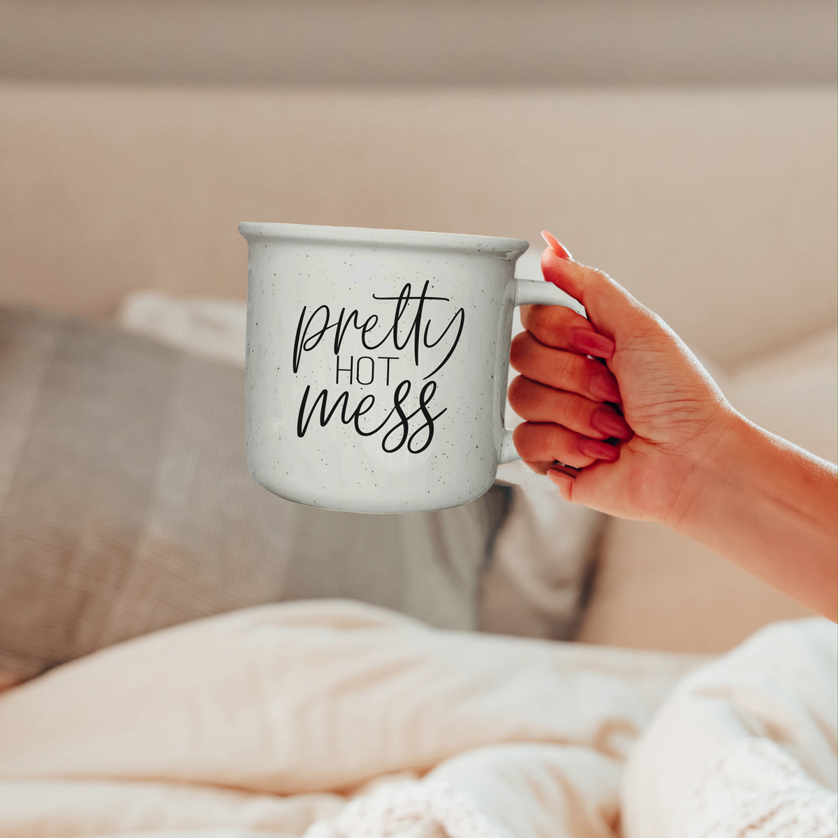 High quality coffee mugs with funny sarcastic phrases on them for women. Pretty hot mess. 