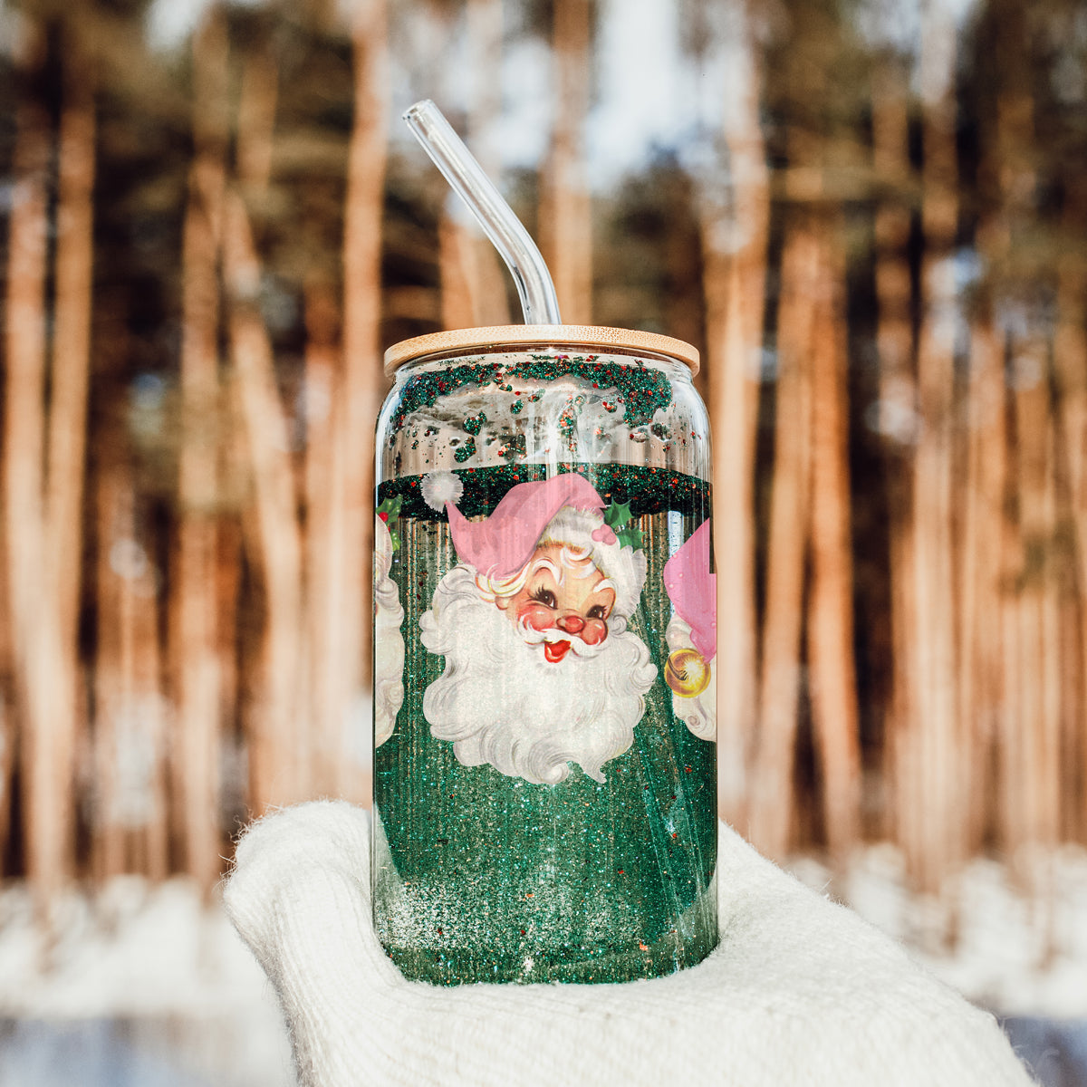 Vintage Santa pink hat holiday kitchen gifts bamboo lid straw - Retro design
17oz Christmas coffee tumbler glass
Coffee bar essential – vintage pink Santa face Christmas glass cup